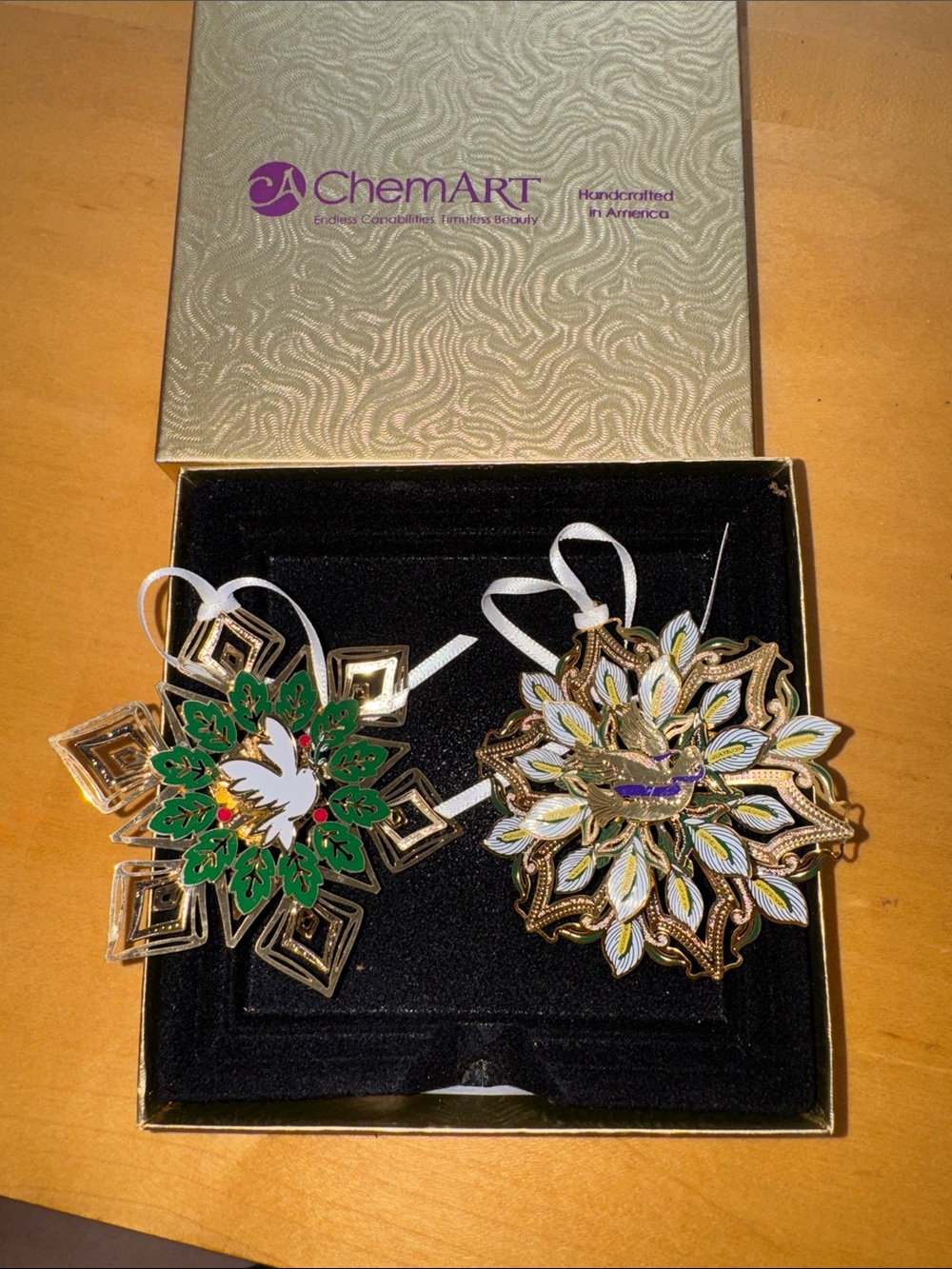 2 gold-finished decorative metal snowflake or floral ornaments made by ChemArt - Picture 9 of 15
